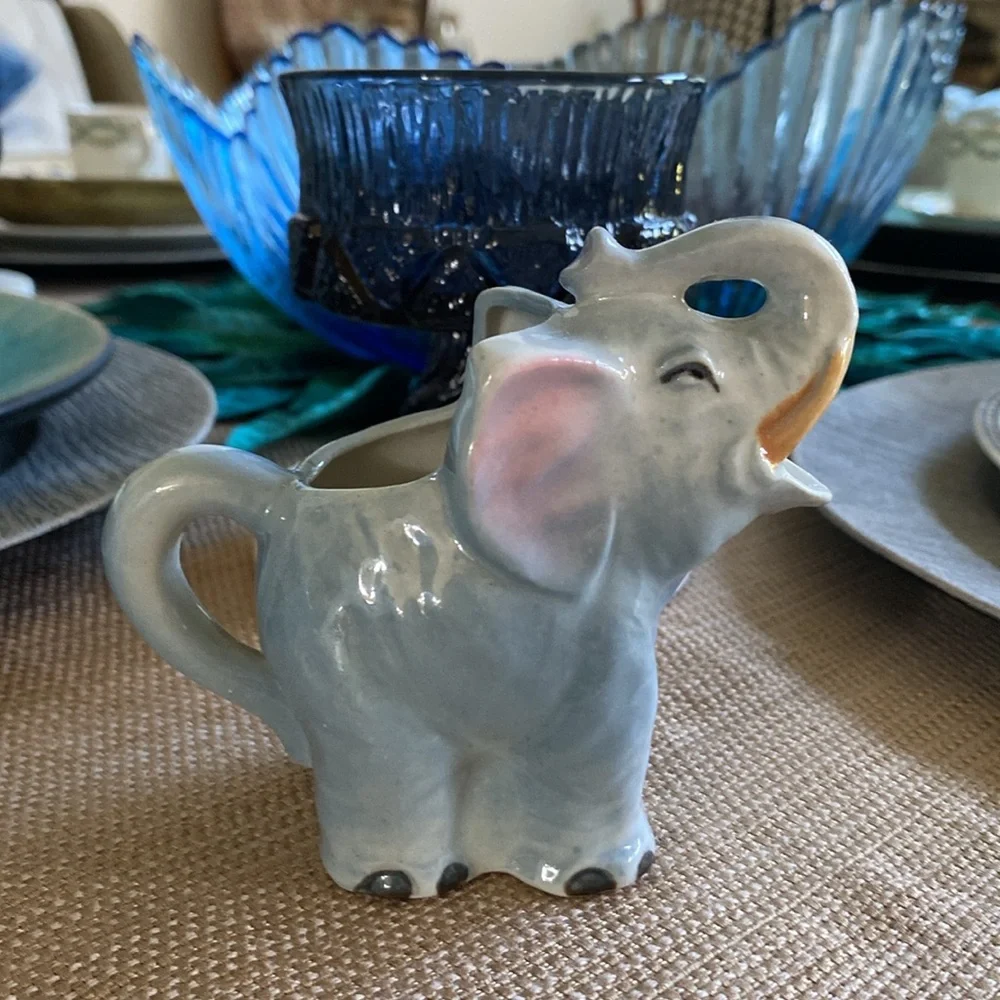Vintage Ceramic “Trunks Up” Elephants Lidded Sugar Bowl & Creamer